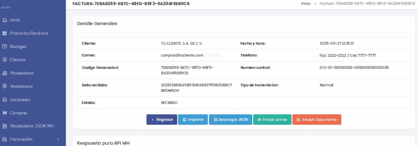Detalle y opciones de un DTE en eFactDTE