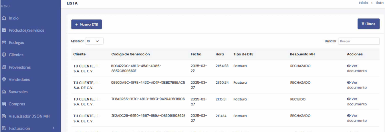 Listado de Documentos Tributarios Electrónicos en eFactDTE